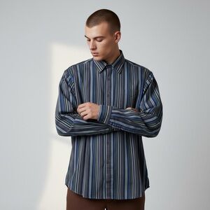 Striped Button Up‎ Shirt Mens Size M Blue Brown Classic Work Business Tasso Elba